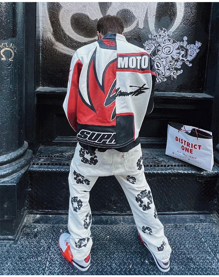 Supreme Yohji Yamamoto Marlboro Men's Women's Vintage Racing Suit Colour Blocking Fashion Leather Jacket Lapel High Street Trend Jacket Autumn and Winter #81156