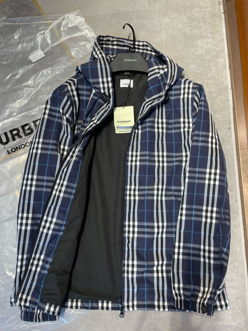 Burberry Men's Spring and Autumn Blue Plaid Hooded Zipper Long Sleeve Jacket #98568