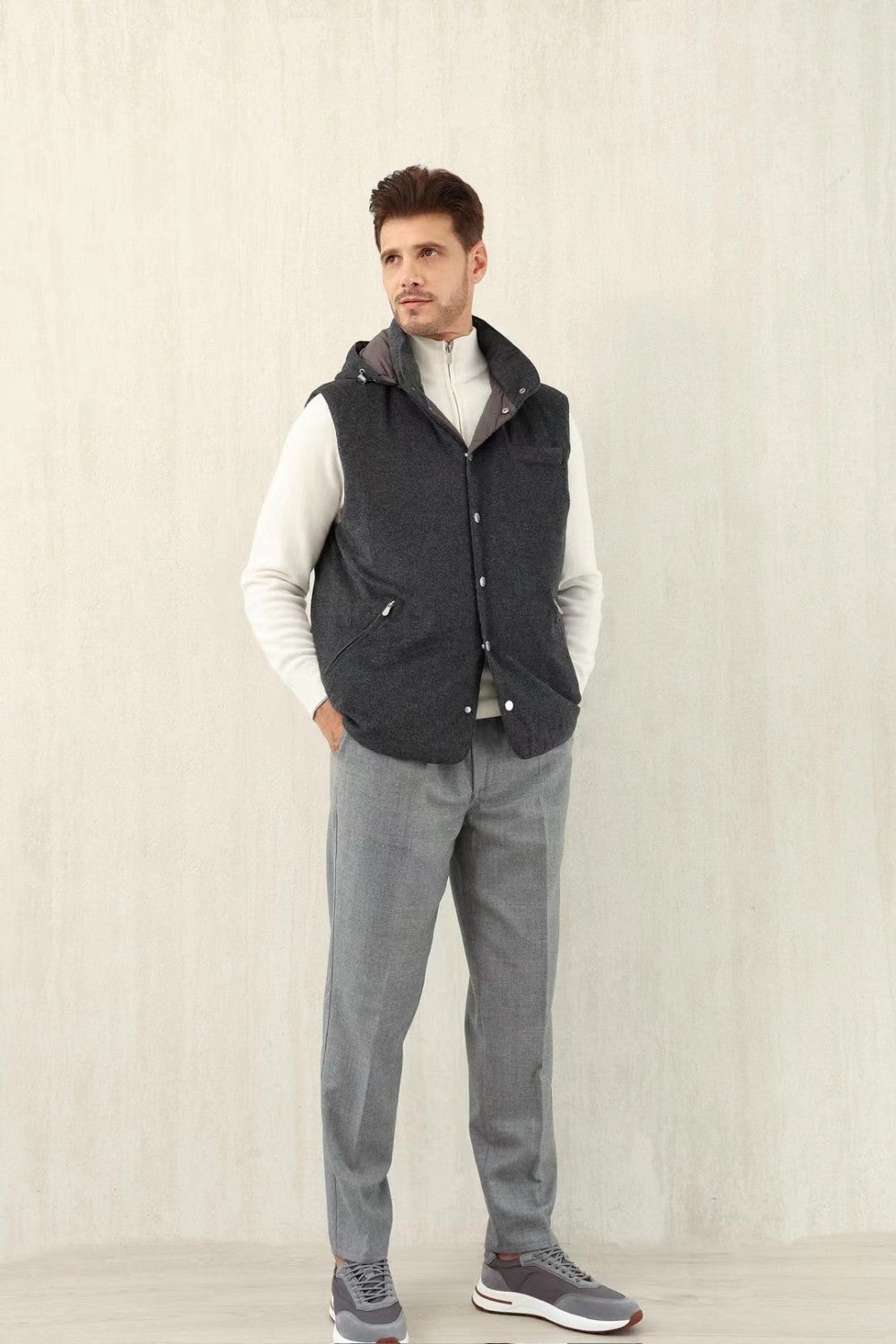Brunello Cucinelli Men's Spring/Autumn Detachable Hooded Solid Color Single-Breasted Bonded Wool Flannel Down Vest Ngvp #2293
