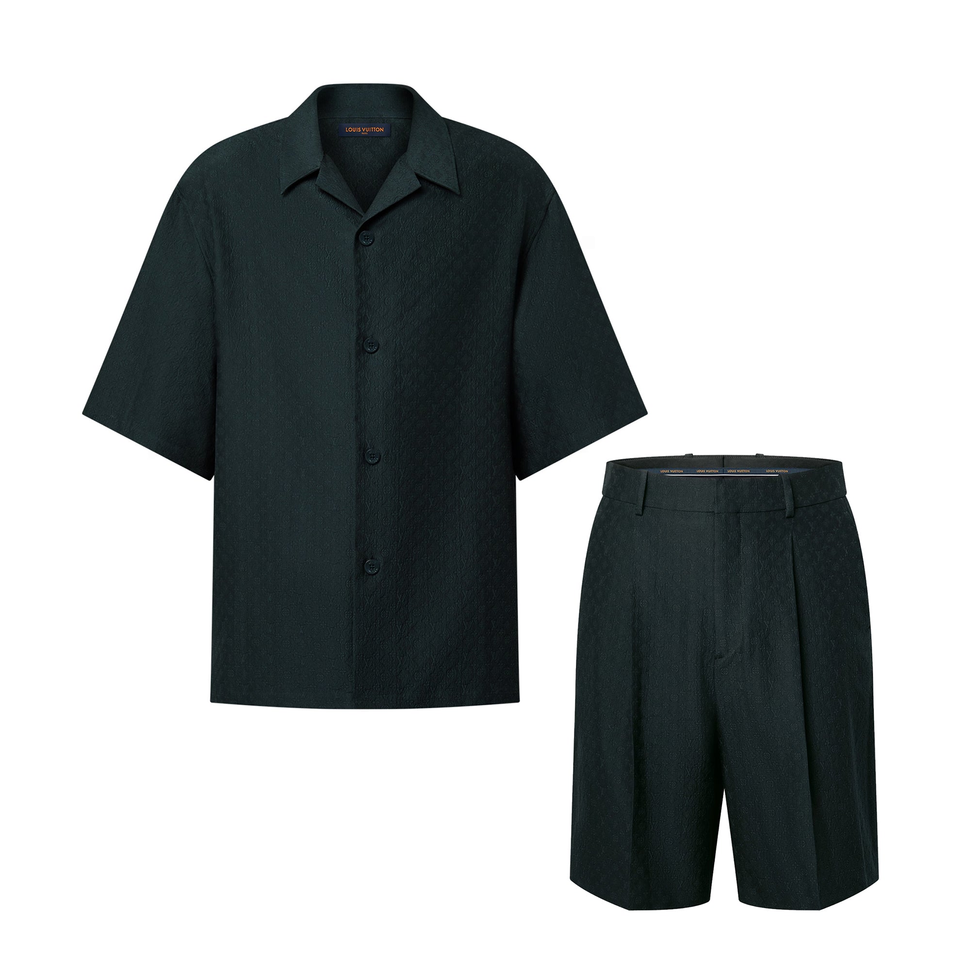 Louis Vuitton Men's Summer Solid Color Embroidered Full Print Silk Blend Single Breasted V-neck Short Sleeved Shirt And Casual Shorts Set Suit #77153
