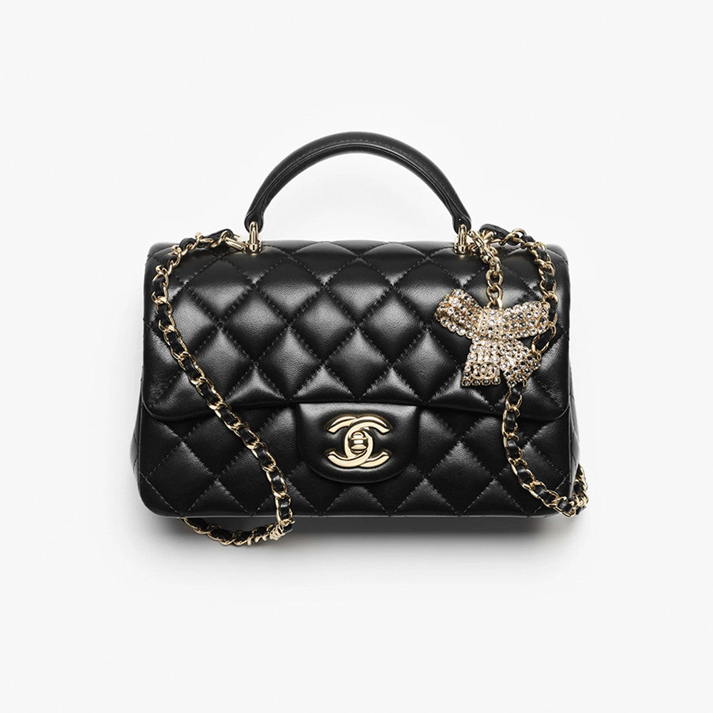 Chanel Mini Classic Handbag With Top Handle Lambskin Diamanté & Gold Metal Black #381896