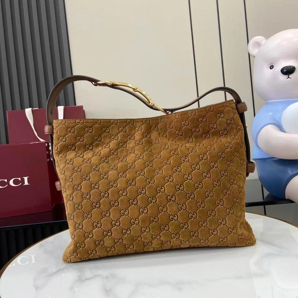 Gucci Beatrix Large Tote Bag Brown Gg Suede Material Gold Horseneck Buckle Shoulder Backpack Exquisite And Elegant Women's Bags #193451