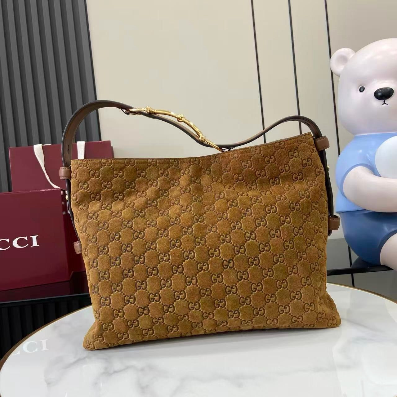 Gucci Beatrix Large Tote Bag Brown Gg Suede Material Gold Horseneck Buckle Shoulder Backpack Exquisite And Elegant Women's Bags #193451