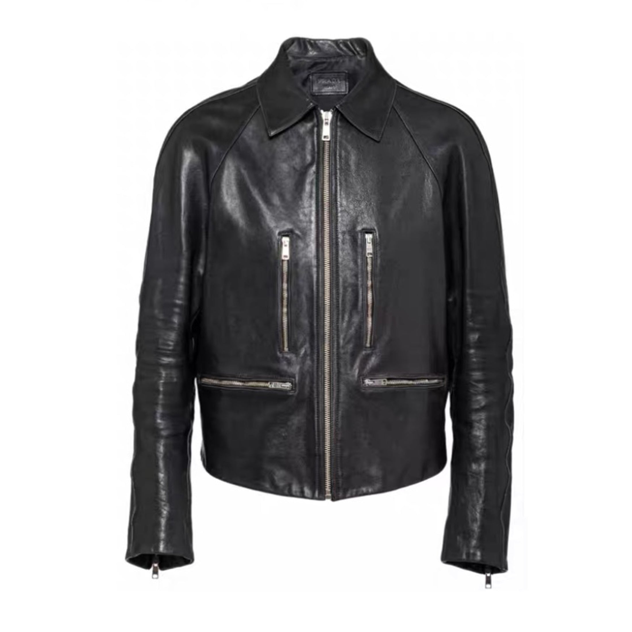 Prada Men's autumn and winter slim fit fashionable cowhide jacket long sleeved lapel zippered jacket #71225
