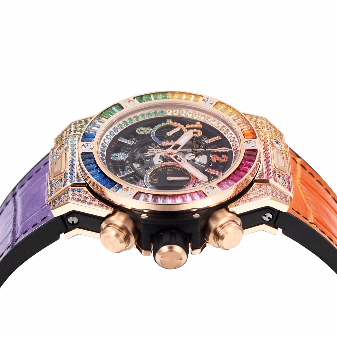 Hublot Men's Automatic Mechanical Movement Date Display Chronograph Skeleton with Colorful Diamonds Watch #76264