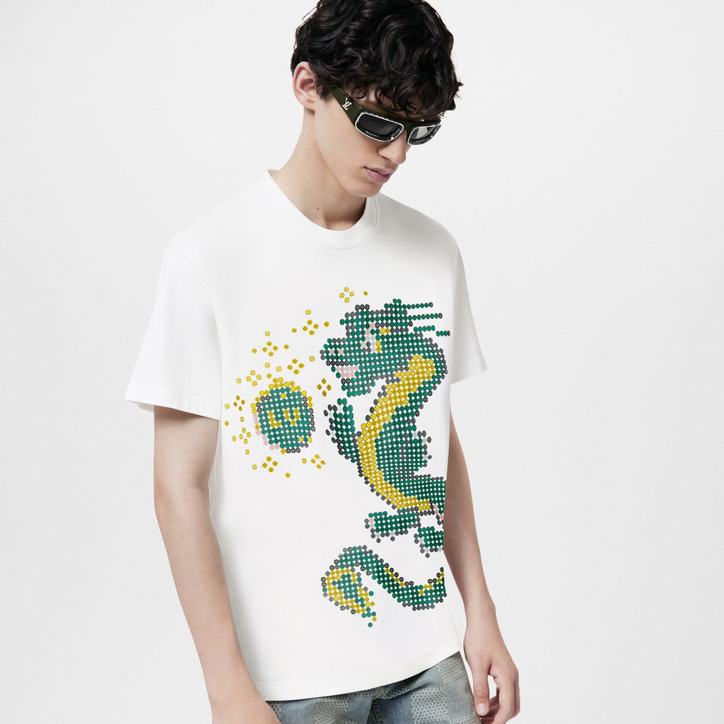 Louis Vuitton Men's Summer Year of the Dragon Printed Round Neck Cotton White Short Sleeve T-Shirt #97991