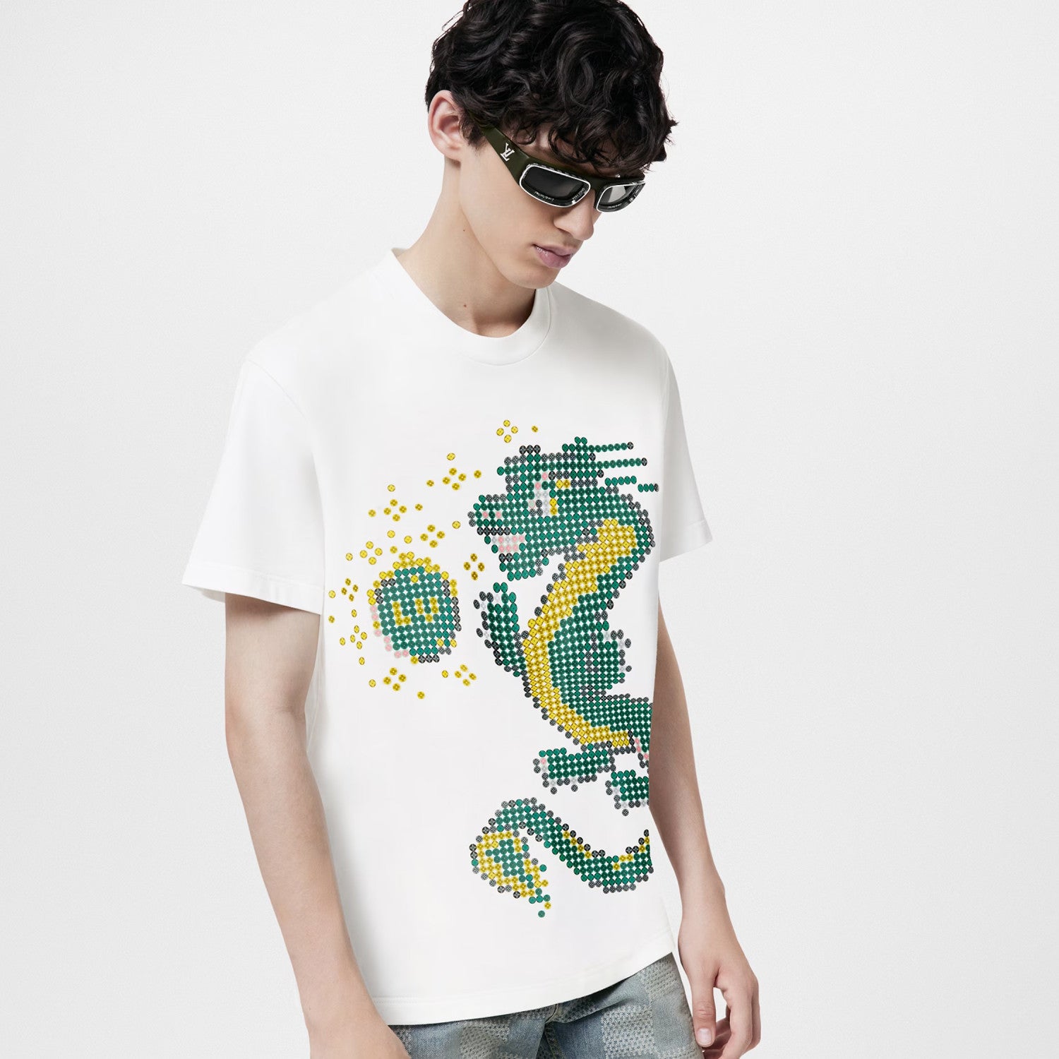 Louis Vuitton Men's Summer Year of the Dragon Printed Round Neck Cotton White Short Sleeve T-Shirt #97991