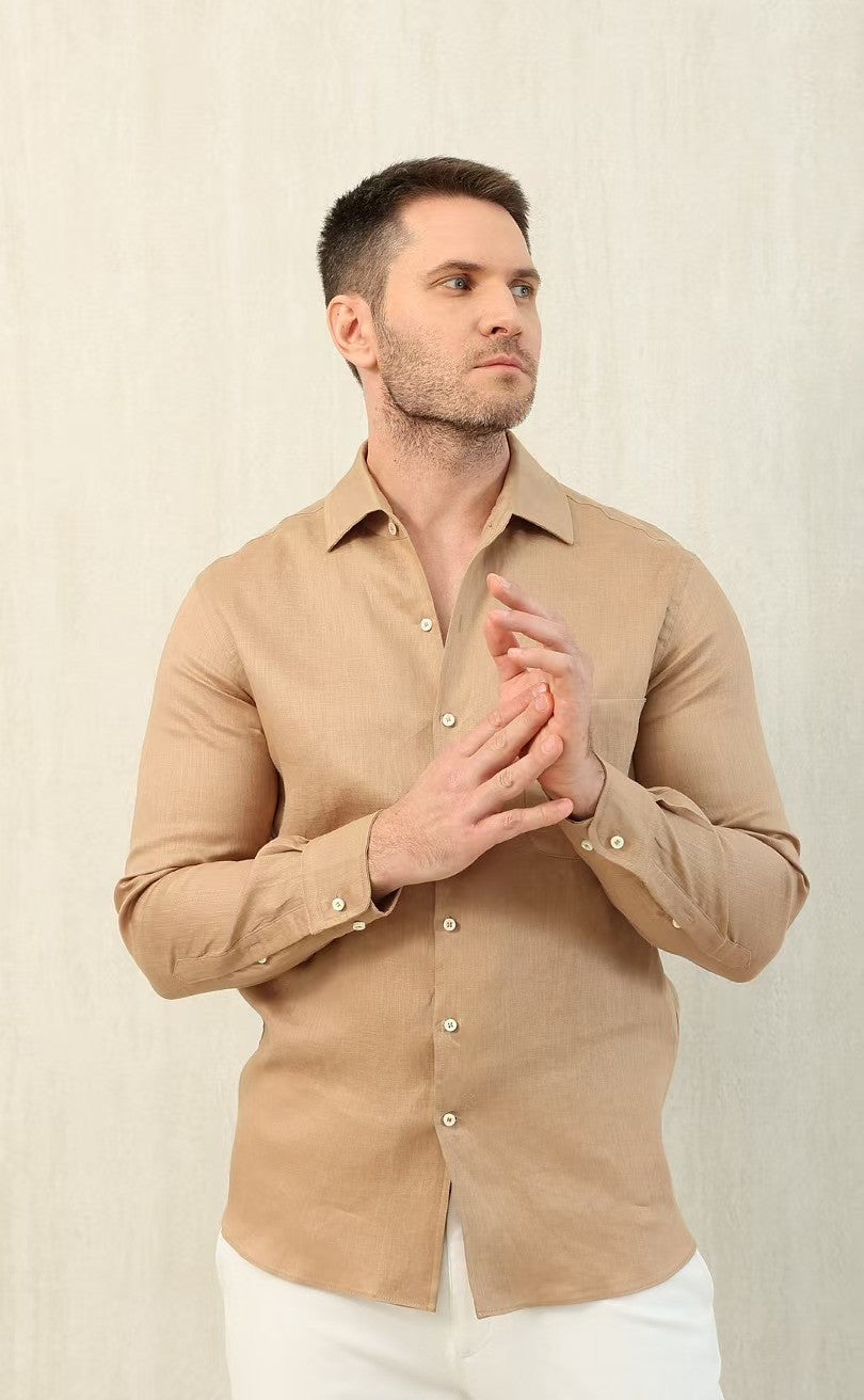 Loro Piana Men's Spring And Summer Solid Color André Shirt Lapel Single-breasted Linen Shirt Ngvp #7962