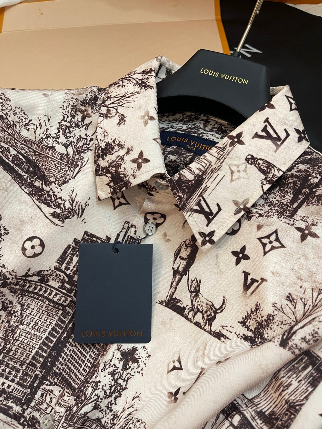 Louis Vuitton Men's Spring. Summer And Fall Logo Full Print Lapel Solid Color Long Sleeve Silk Shirt #71833