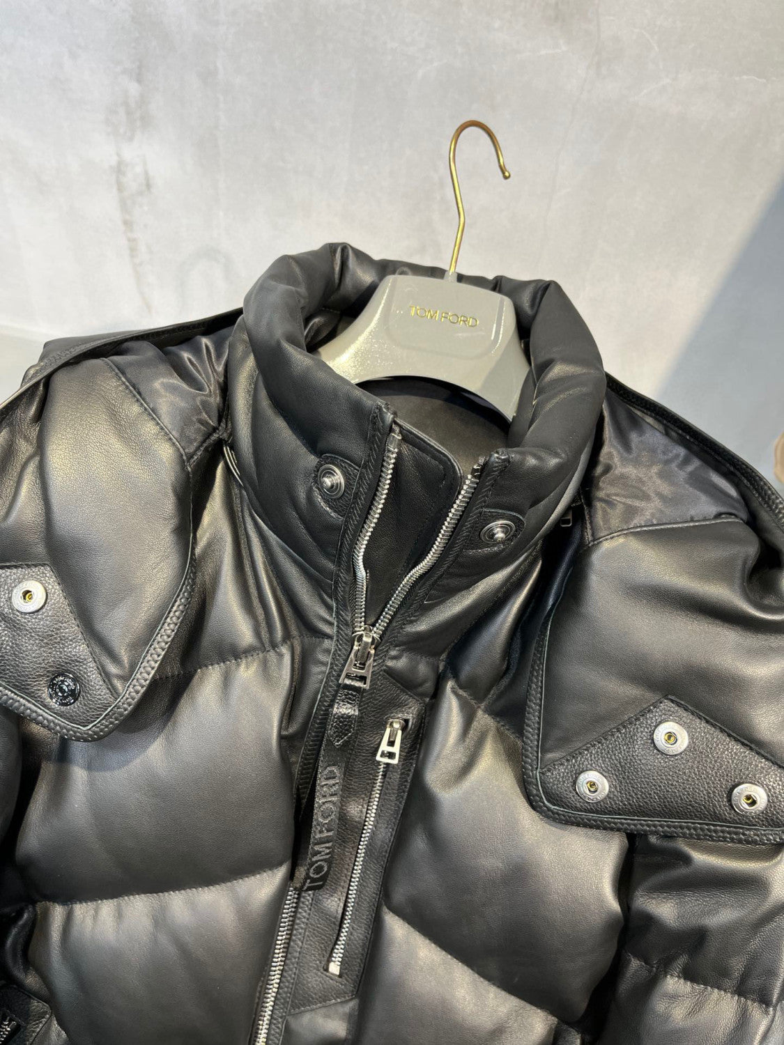 Tom Ford Black Leather Puffer Down Jacket Ngvp #6555