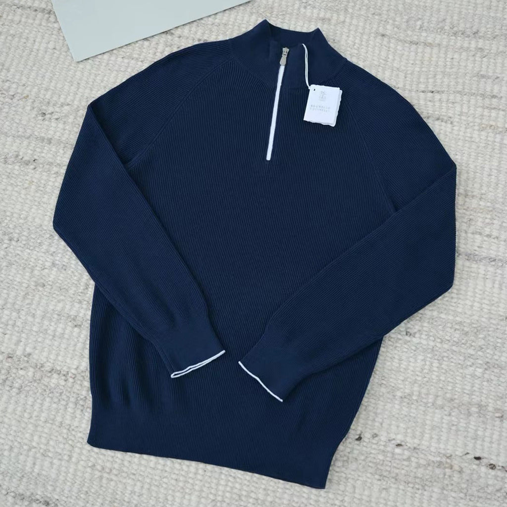 Brunello Cucinelli Men's British-Style Ribbed Cotton Knit Sweater Spring/Fall/Winter Half-Zip High-Neck Solid-Color Long-Sleeve Sweater Ngvp #2525