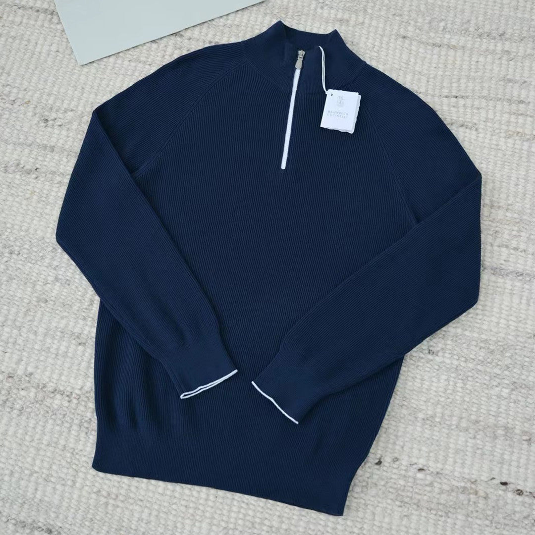 Brunello Cucinelli Men's British-Style Ribbed Cotton Knit Sweater Spring/Fall/Winter Half-Zip High-Neck Solid-Color Long-Sleeve Sweater Ngvp #2525