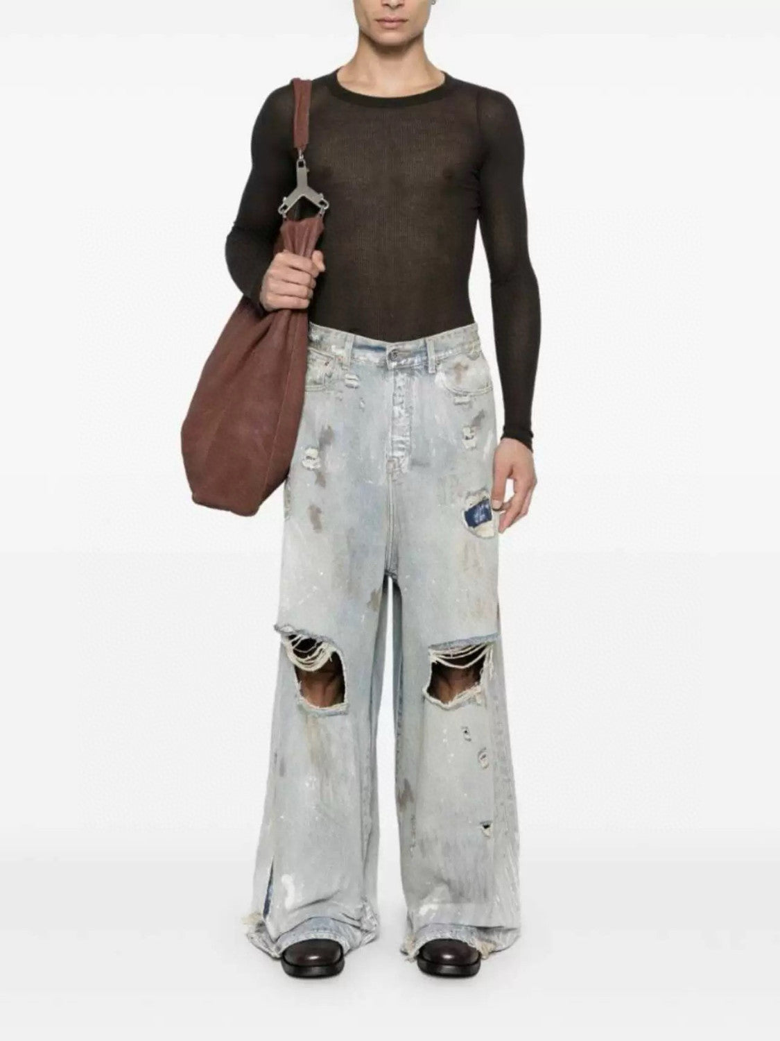 Vetements Men's Four Season Mid Rise Solid Color Distressed Holes Jeans Casual Cotton Loose Wide Leg Pants Ngvp #1211