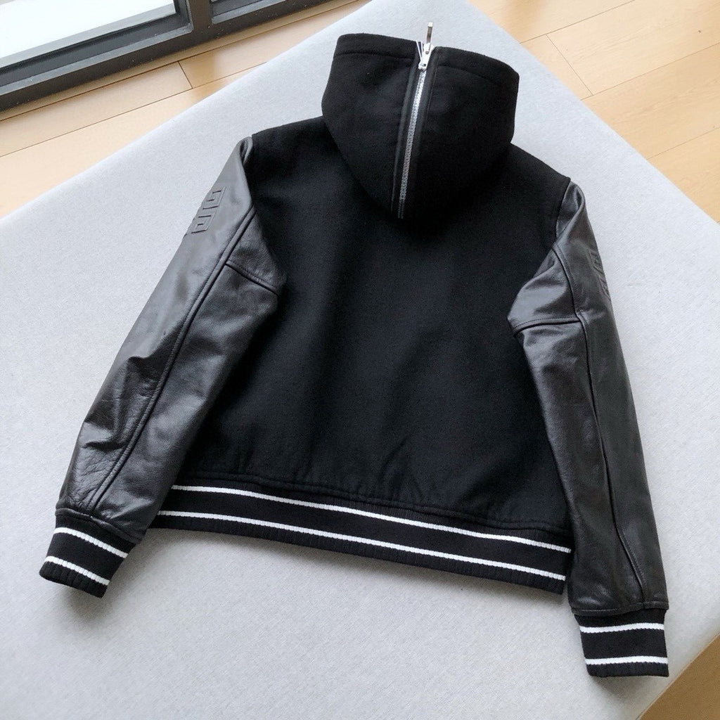 Givenchy Men's Fall/Winter Black Logo Printed Single Breasted Hooded Aviator Jacket #72996