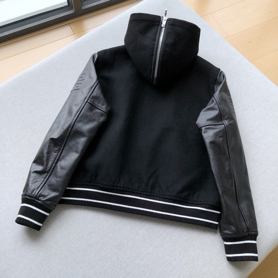 Givenchy Men's Fall/Winter Black Logo Printed Single Breasted Hooded Aviator Jacket #72996