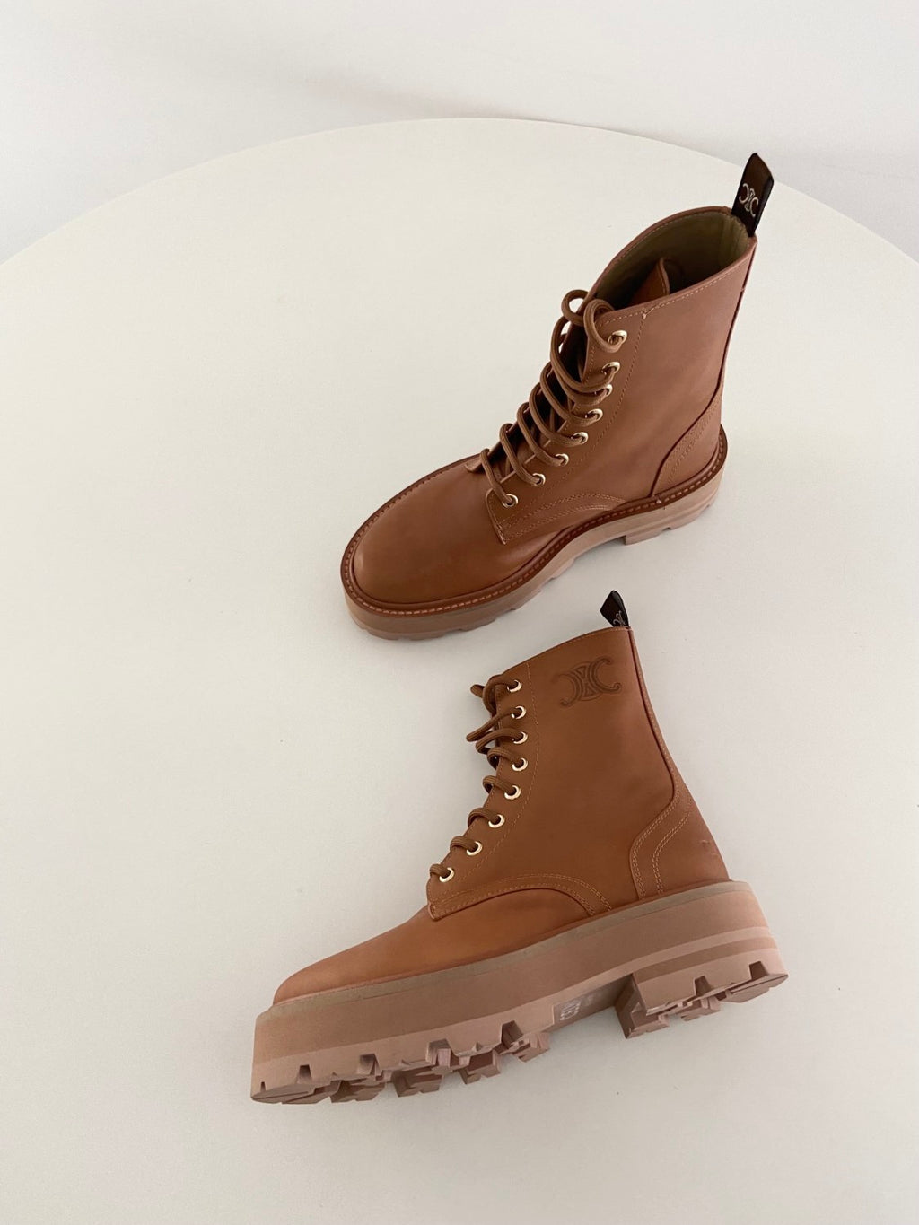 Celine Bulky Women's Solid Color Comfortable Leather Thick Sole Lace-Up Mid-Length Boots Shoes #73715