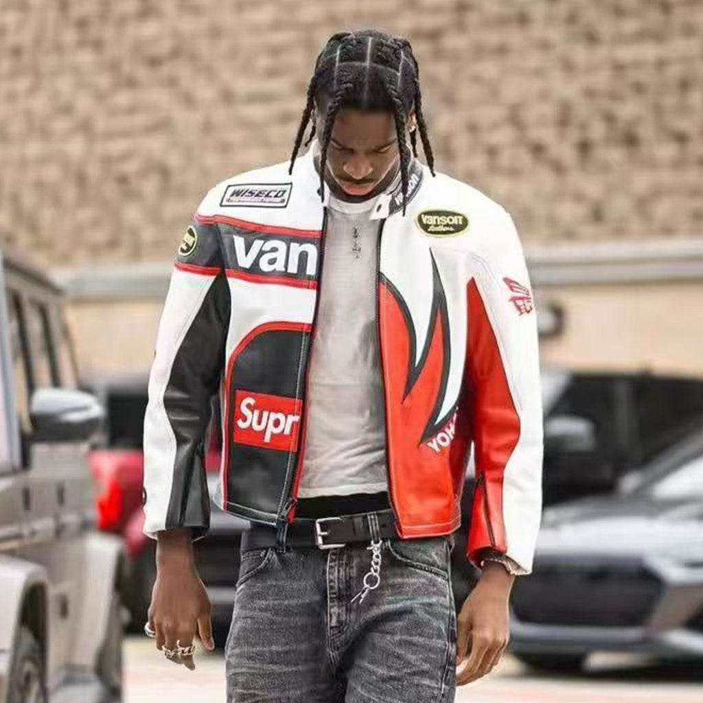 Supreme Yohji Yamamoto Marlboro Men's Women's Vintage Racing Suit Colour Blocking Fashion Leather Jacket Lapel High Street Trend Jacket Autumn and Winter #81156