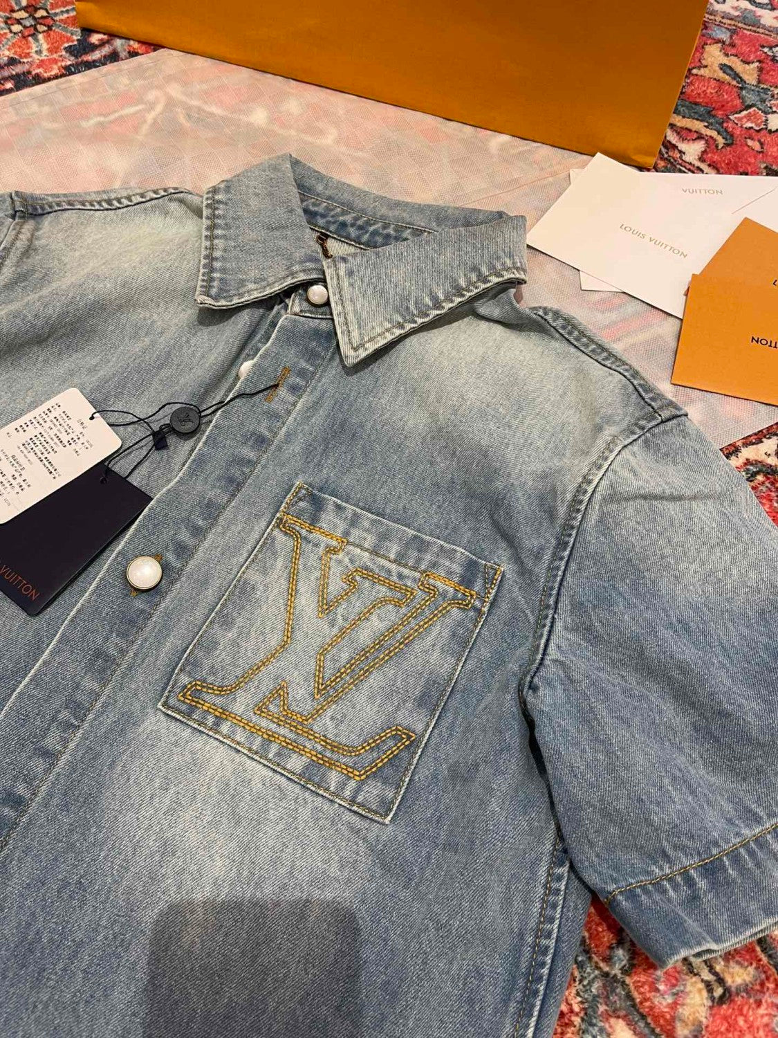 Louis Vuitton Men's Summer Blue Logo Letter Printed Pocket Single Breasted Short Sleeve Denim Shirt #74716