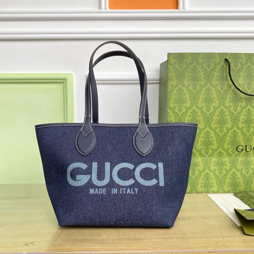 Gucci Totissima Women's Solid Color Double Sided Classic Print Logo Logo Denim Patchwork Canvas Shopping Bag Tote Shoulder Bags #76499