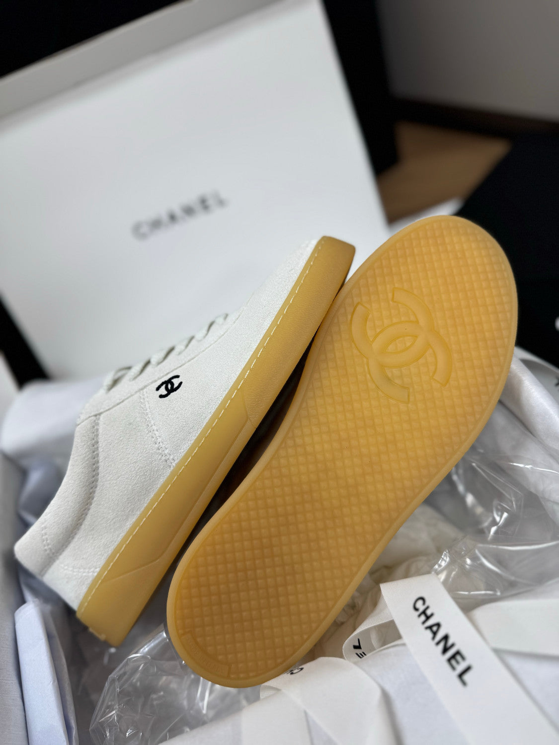 CHANEL Sneakers Suede Calfskin Calfskin White Black #381214
