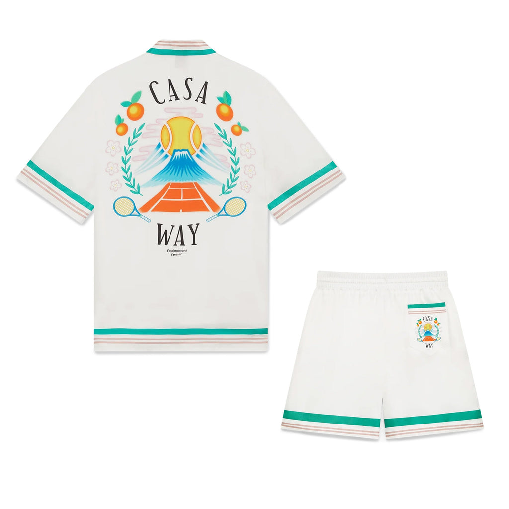 Casablanca Men's And Women's Summer Fashion Casual Cherry Blossom Pattern Silk Striped Collared Short Sleeved Shirt And Elastic Striped Shorts Set #78235