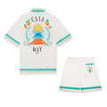 Casablanca Men's And Women's Summer Fashion Casual Cherry Blossom Pattern Silk Striped Collared Short Sleeved Shirt And Elastic Striped Shorts Set #78235