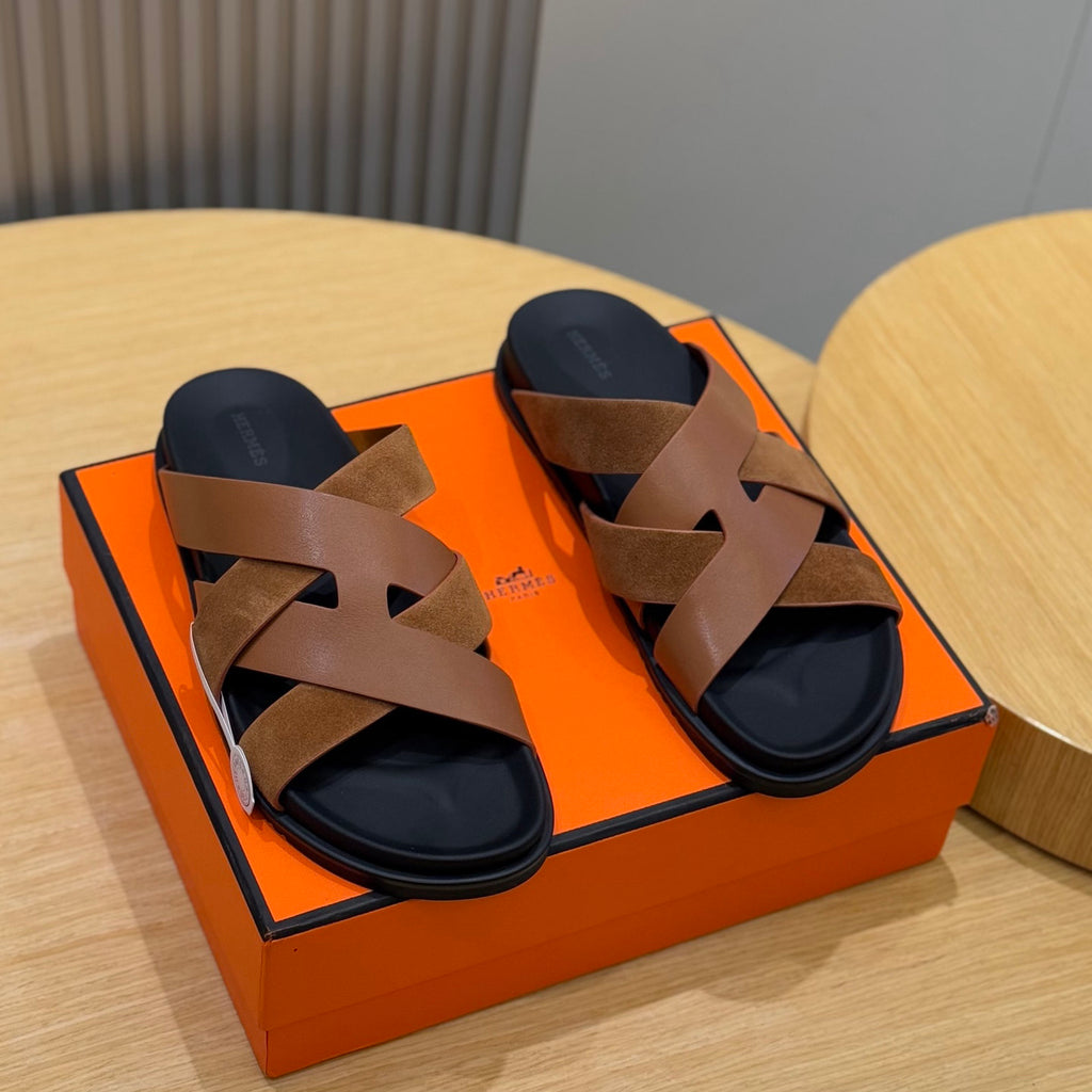 Hermes Men's Summer Solid Color Leather Suede Patchwork Sandals Slippers Shoes #76385