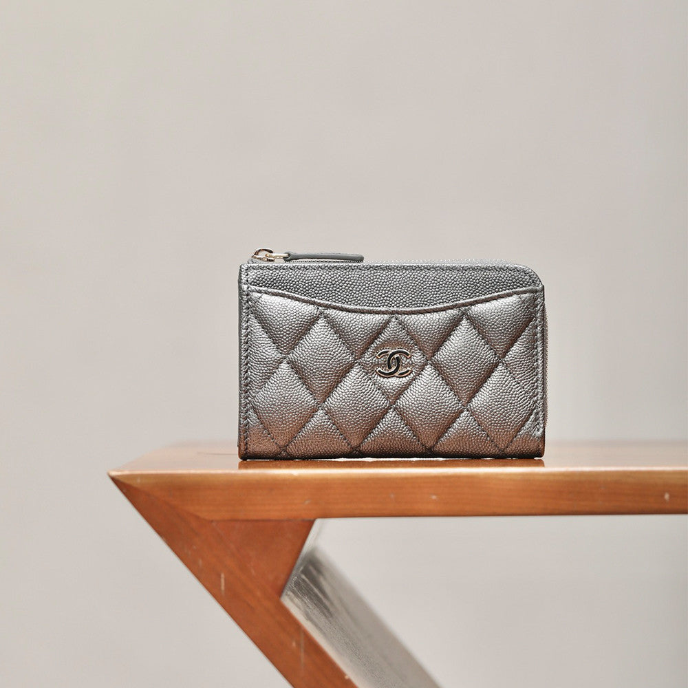 Chanel Diamond Pattern Design Brand Logo Grained Calfskin Card Holder Wallet #262345