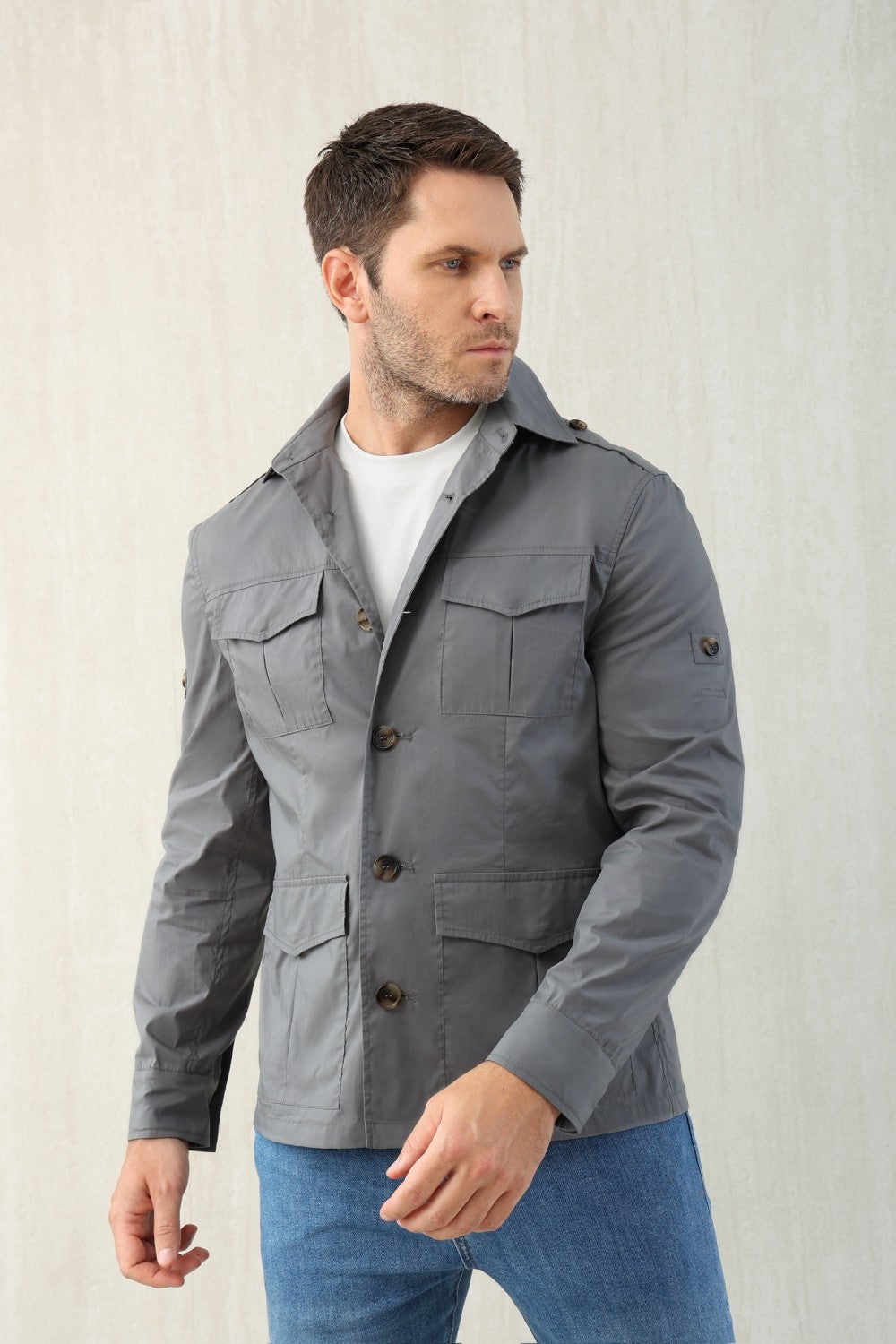 Brunello Cucinelli Men's Spring & Fall Lightweight Water-Resistant Techno Cotton Unlined Safari Jacket Solid Color Lapel Single Breasted Shirt Style Jacket Ngvp #1946