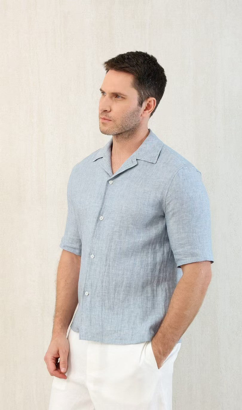 Brunello Cucinelli Men's Linen Loose Summer Single-Breasted Solid Color Lapel Short Sleeve Shirt Ngvp #1454