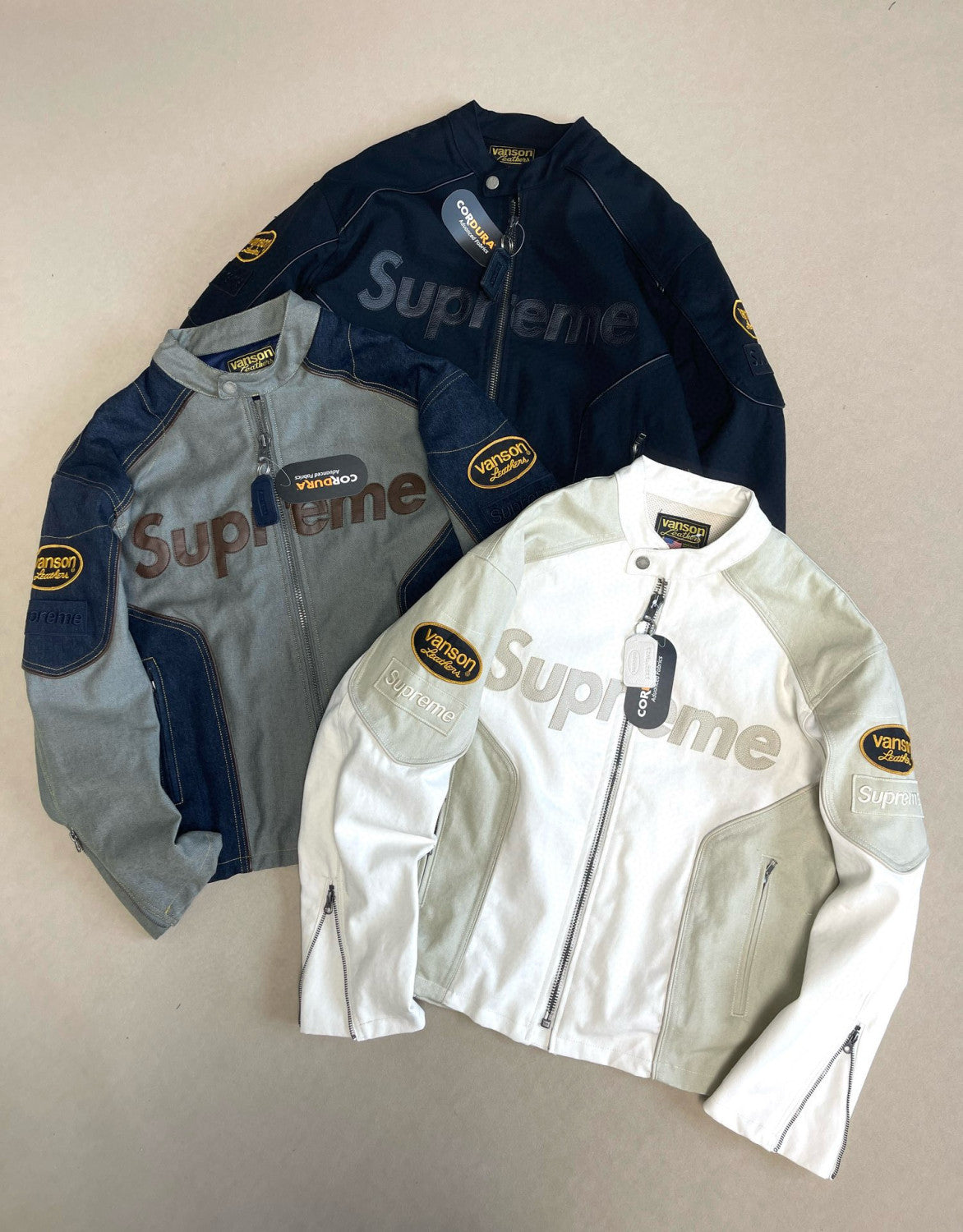 Supreme x Vanson Leathers x Cordura Men's And Women's Spring/Fall Fashion Casual High Neck Leather Logo Zipper Patchwork American Style Jacket #78582