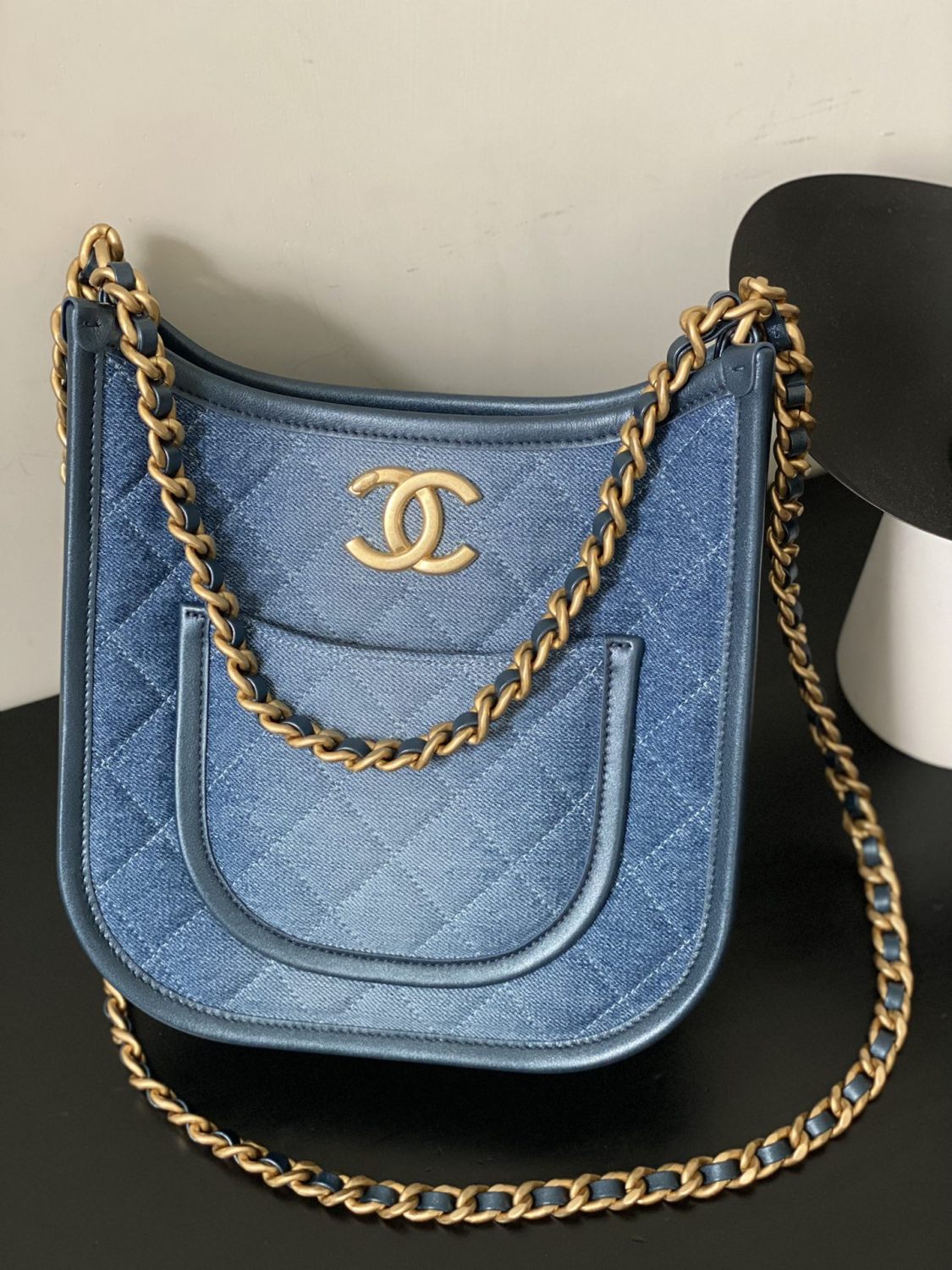 Chanel Denim Hobo Bags Stylish Metal Chain Accents Patchwork Denim Logo Crossbody Elegant And Fashionable Vacation Bag #195813