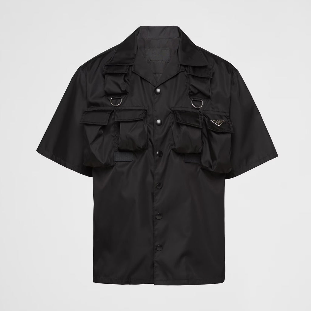 Prada Men's Black Gold Triangle Logo Multi-Pocket Single Breasted Casual Short Sleeve Shirt #98829