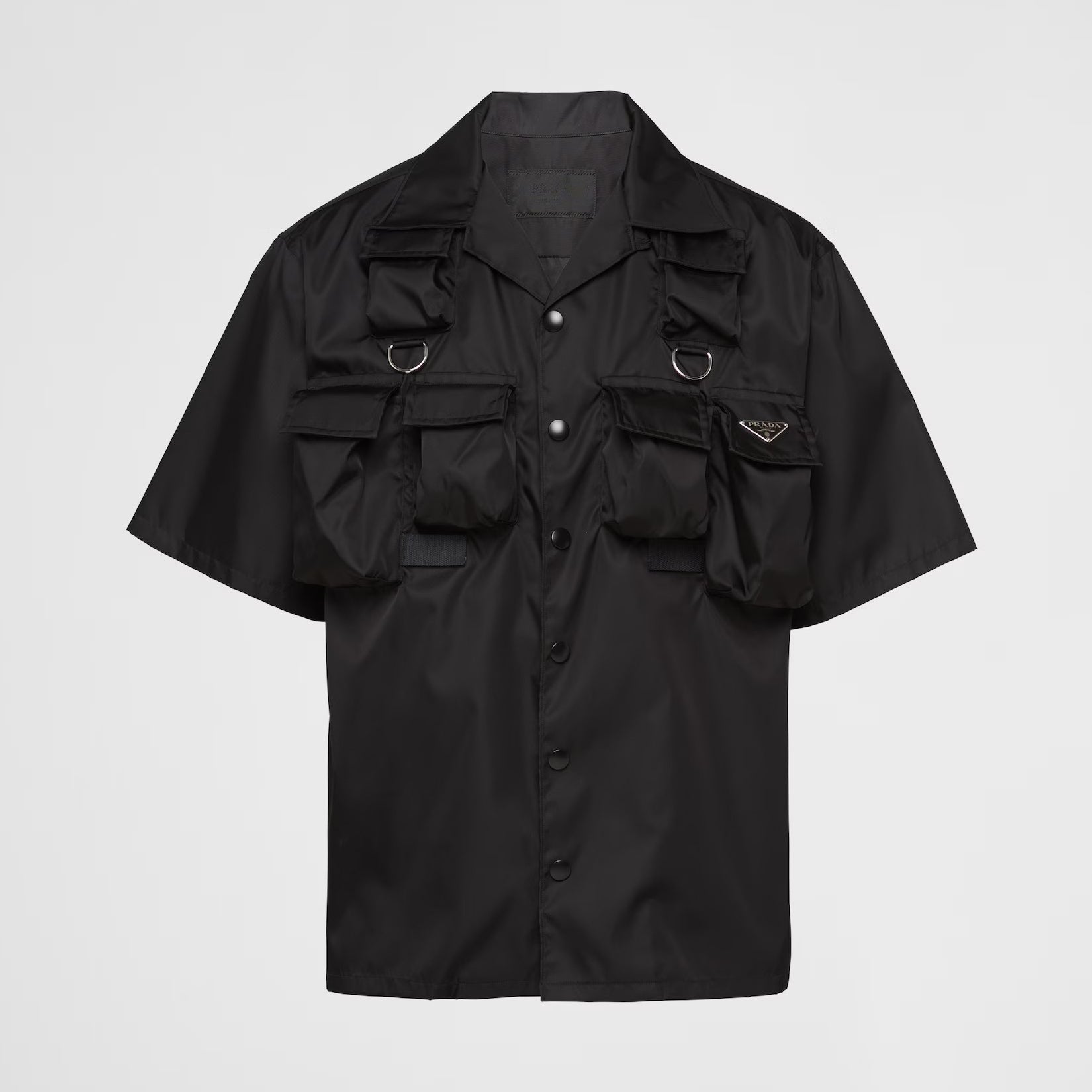 Prada Men's Black Gold Triangle Logo Multi-Pocket Single Breasted Casual Short Sleeve Shirt #98829