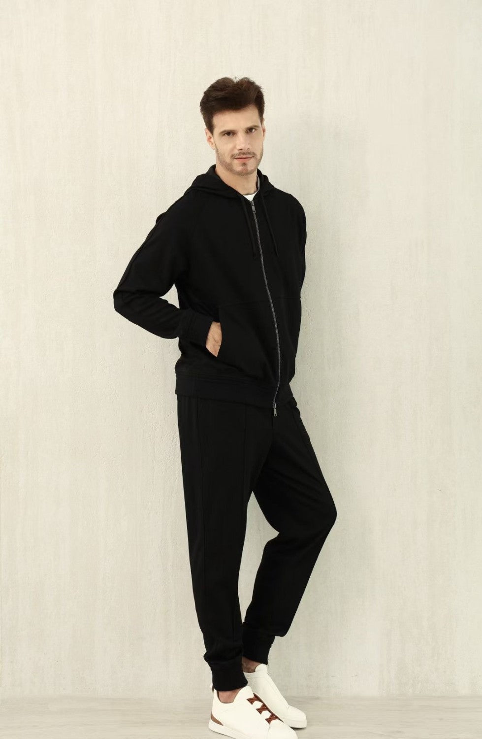 Ermenegildo Zegna Men's Spring/Fall Zipper Drawstring Hoodie Sweatshirt & Solid-Color Casual Pants Suit Set Ngvp #2352