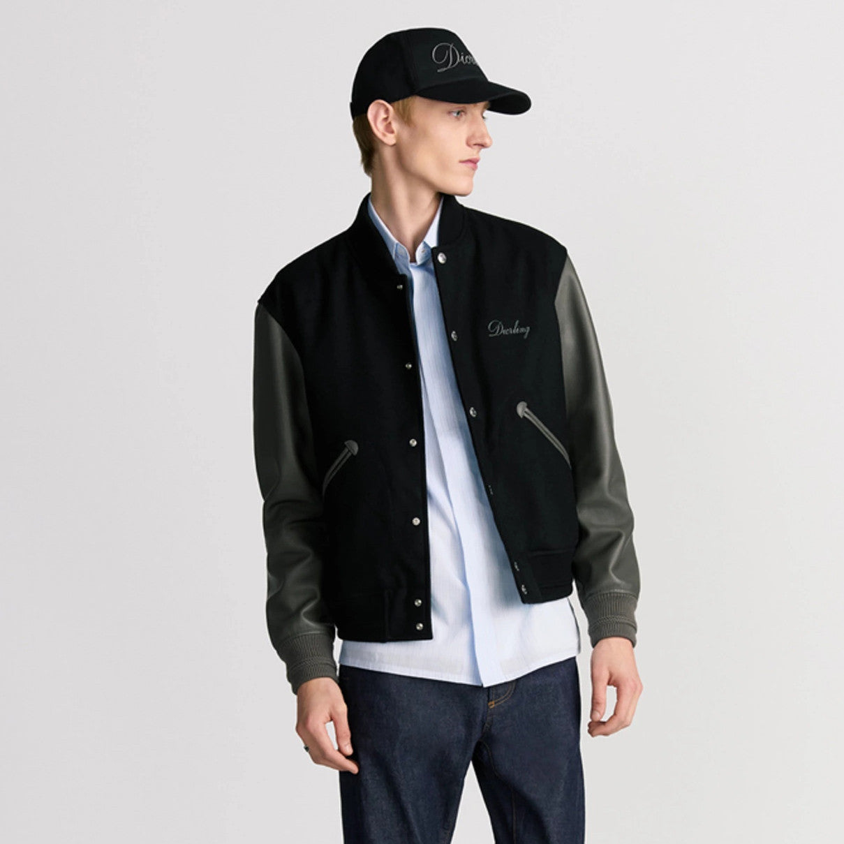 Dior Men's Spring/Fall Casual Fashion Crew Neck Single-Button Wool Tweed Jacket Leather Baseball Jacket #78774