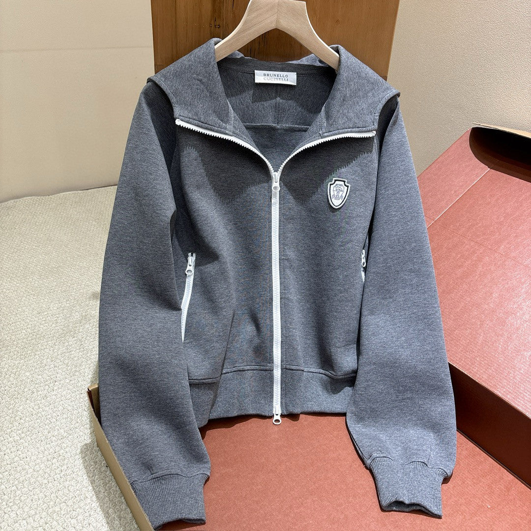 Brunello Cucinelli Men's And Women's Spring/fall Fashion Casual Solid Color Hooded Zipper Jacket With Logo Trim Solid Color Elastic Waist Casual Wide Leg Pants Pants Suit Set #79265