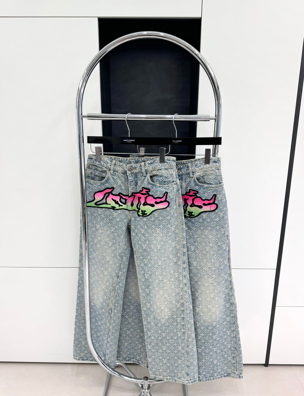 Louis Vuitton Men's Spring and Autumn Blue Logo Full Print Letter Graffiti Jeans Pants #73256