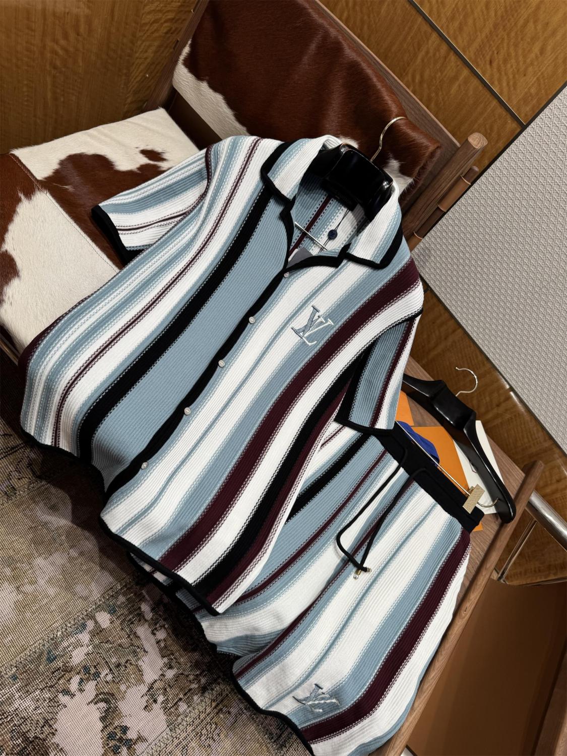 Louis Vuitton  Men's Summer Striped Crochet Single Breasted Short Sleeve Shirt Casual Lace-Up Shorts Suit Set #76893