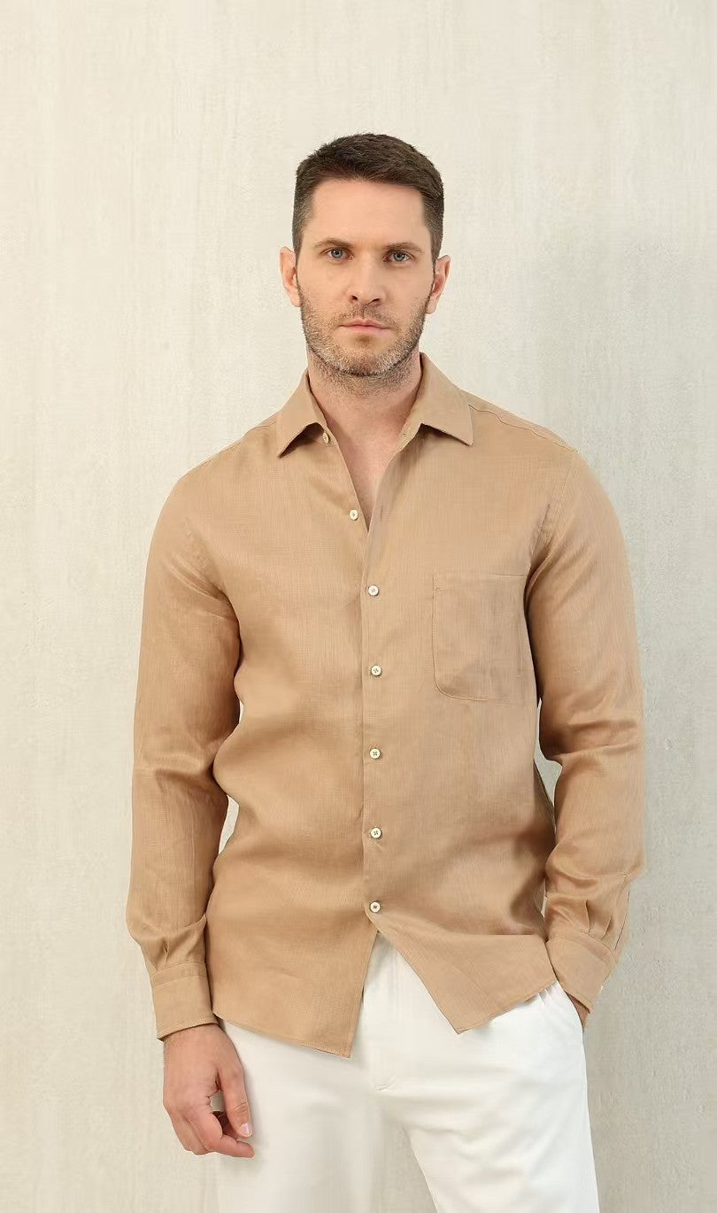 Loro Piana Men's Spring And Summer Solid Color André Shirt Lapel Single-breasted Linen Shirt Ngvp #7962