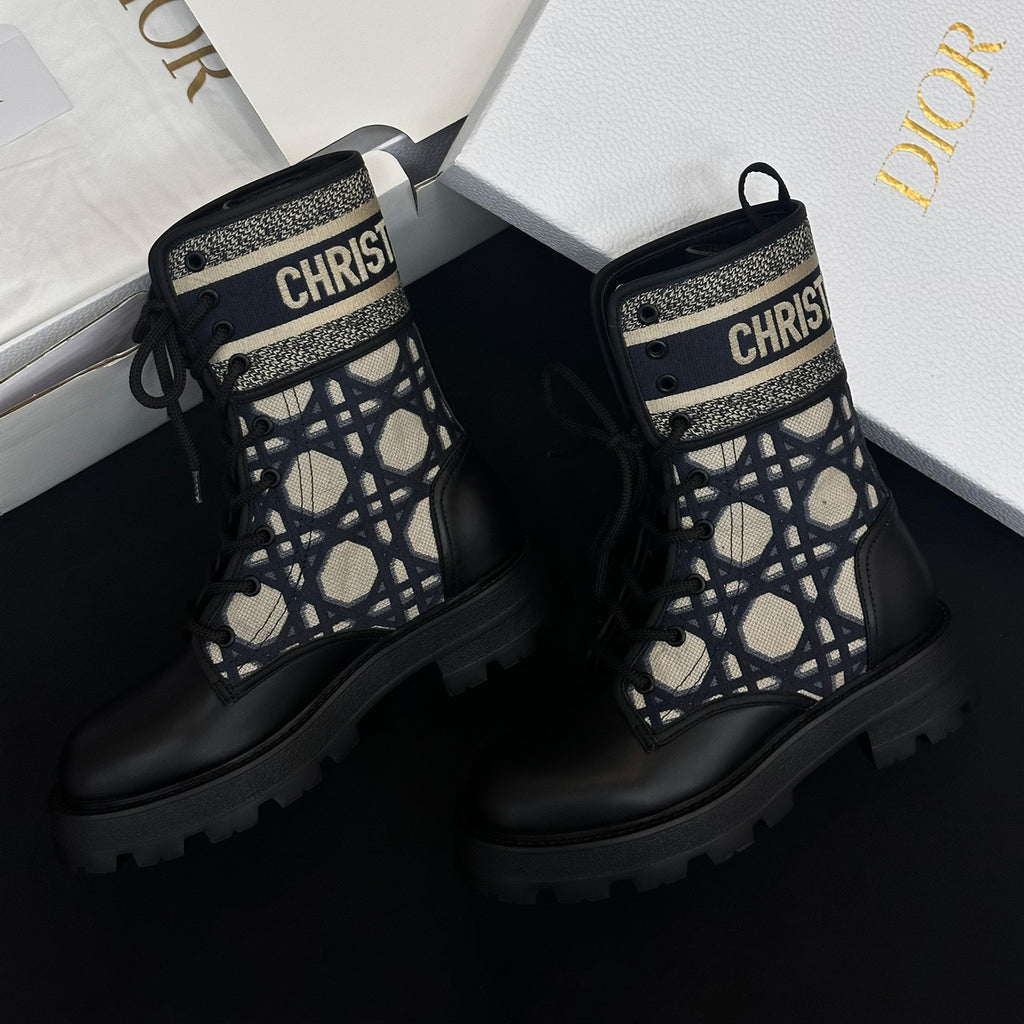 Dior Women's Autumn/Winter Fashion Casual Round Toe Lace Up Leather Light Sole Embroidered Lace Up Martin Boots Shoes #78289