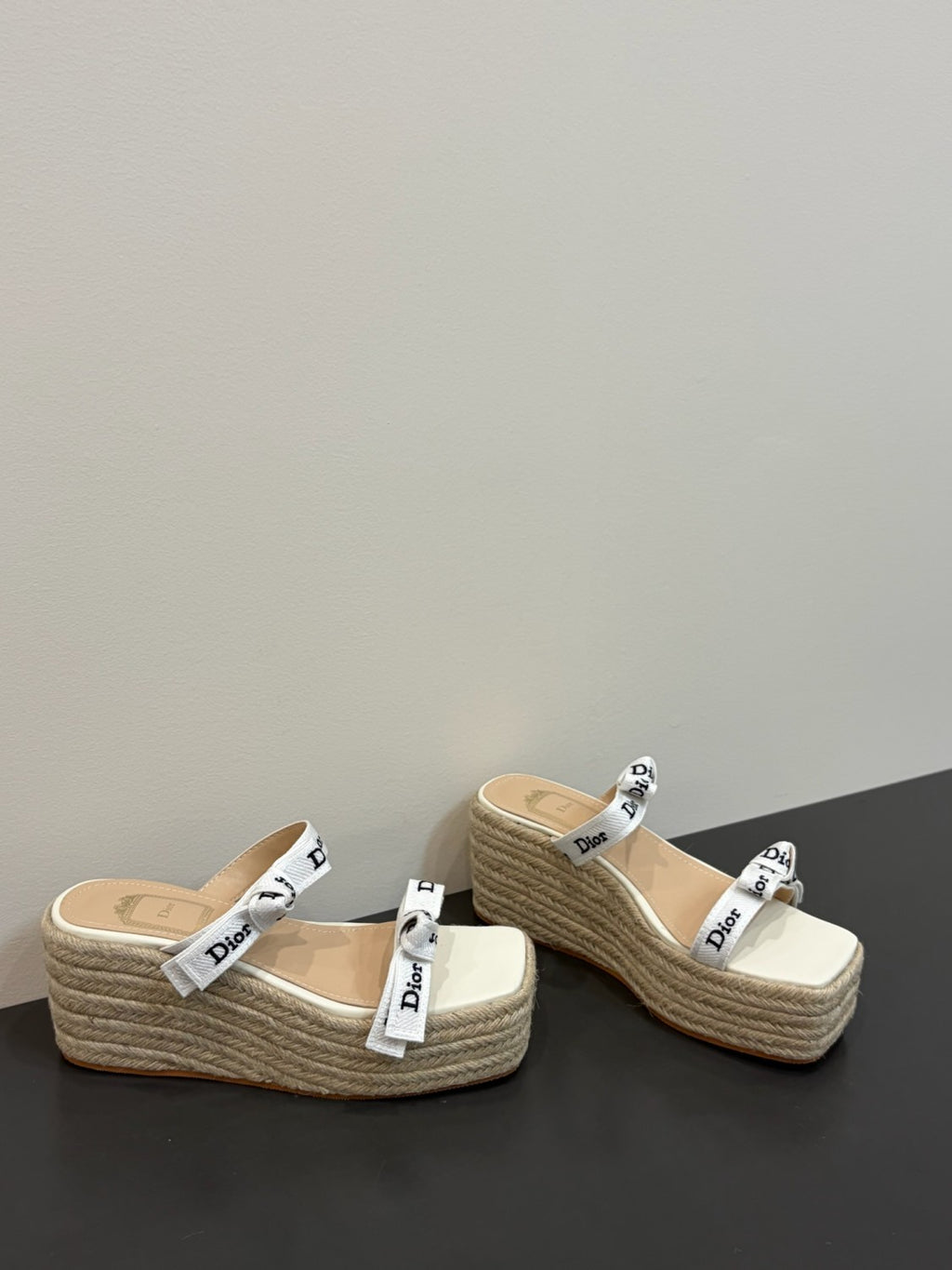 DIOR J Adior Wedge Slide with Straps White Embroidered Cotton and Natural Raffia #386876