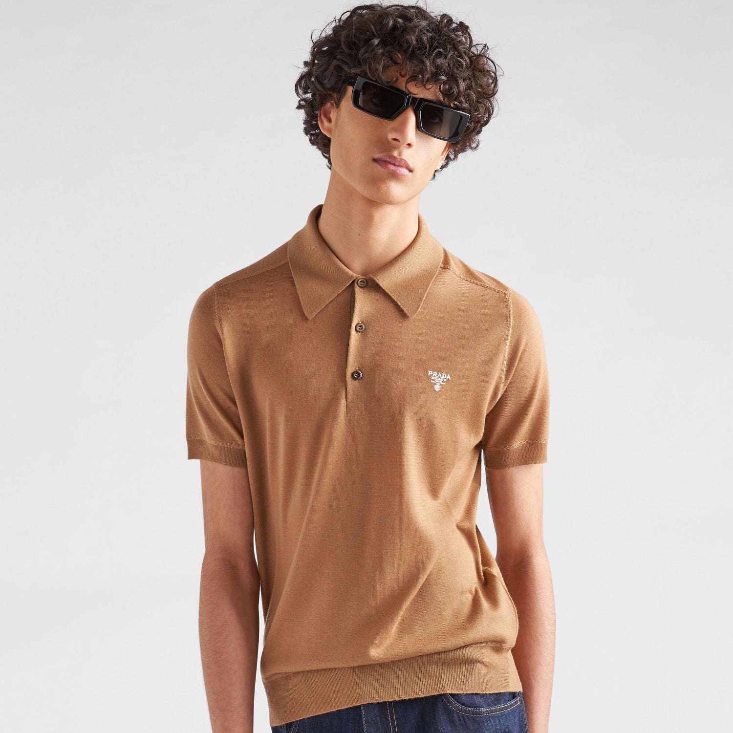 Prada Men's Summer Solid Color Embroidered Logo Wool Knit Polo Shirt Short Sleeve T-Shirt #98532