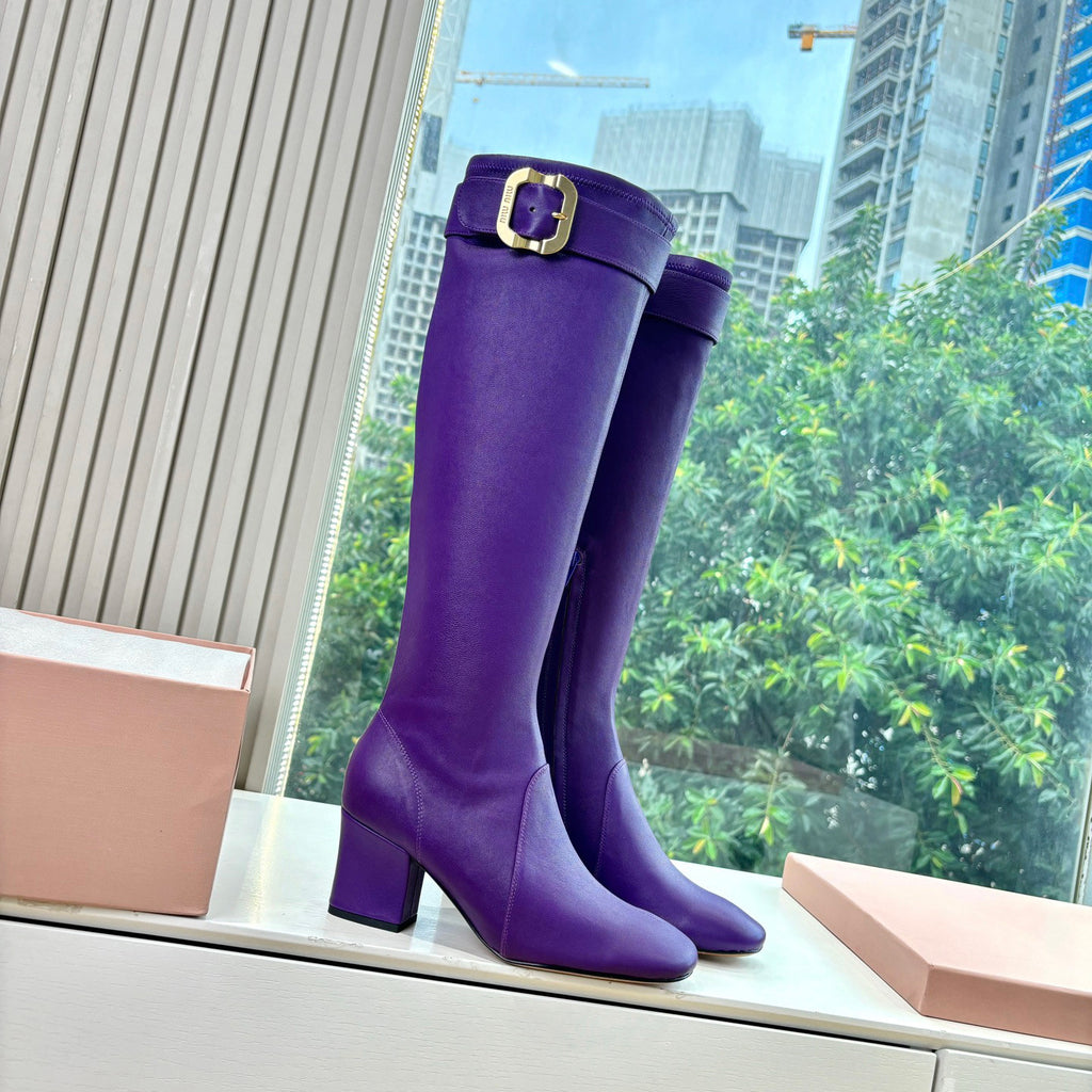 MiuMiu Women's Spring/Fall Fashion Classic Round Toe Cuffed Chunky Heel Solid Color Leather Long Boots Shoes#78718