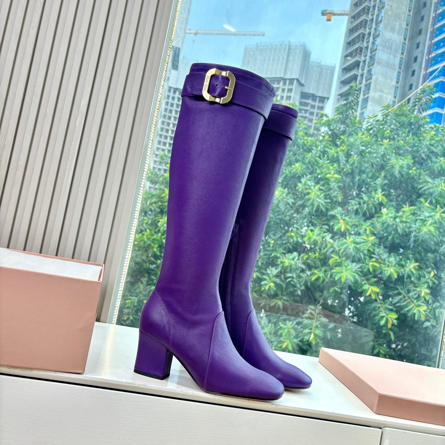 MiuMiu Women's Spring/Fall Fashion Classic Round Toe Cuffed Chunky Heel Solid Color Leather Long Boots Shoes#78718