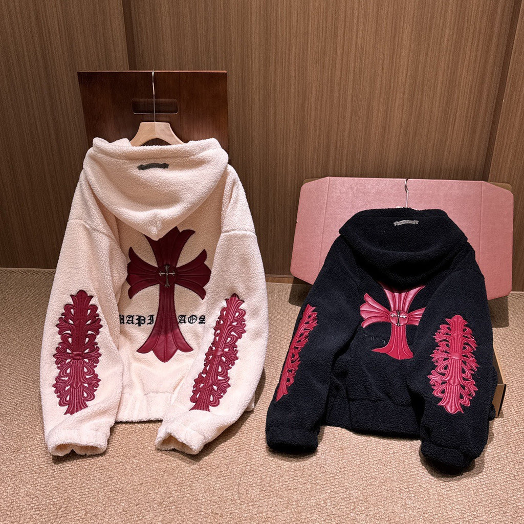 Chrome Women's and Men's Fall/Winter Hearts Polar Fleece Red Leather Cross Coat Embroidered Flowers  #332923