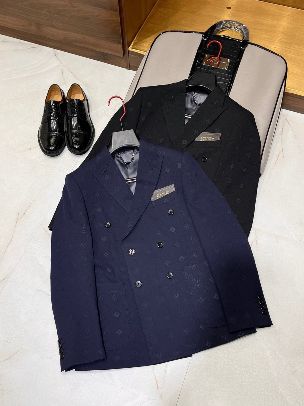 Louis Vuitton Men's Spring And Fall Solid Color Letters Dark Print Double Breasted Long Sleeved Suit Jacket Pants Suit Set #72912