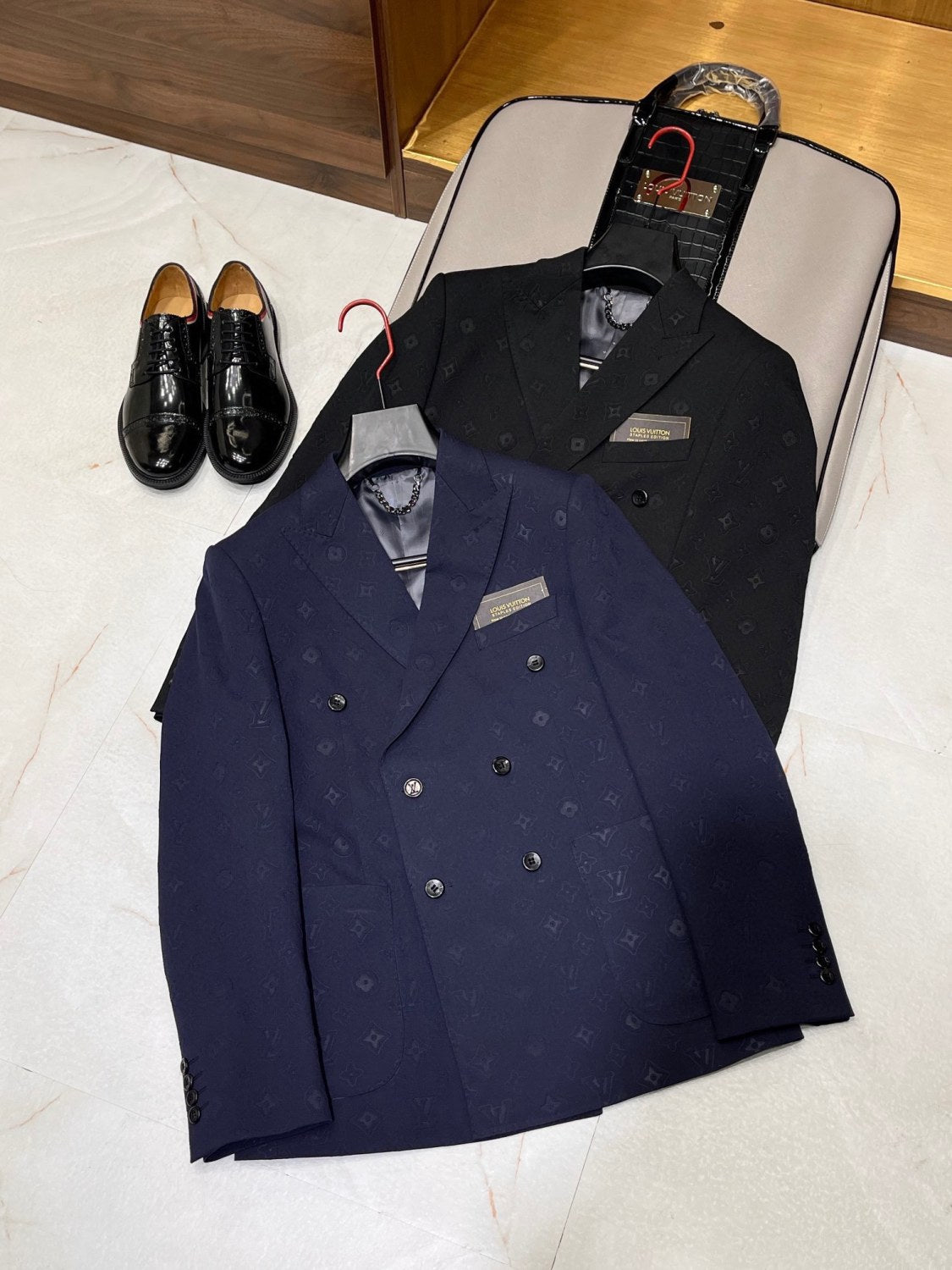 Louis Vuitton Men's Spring And Fall Solid Color Letters Dark Print Double Breasted Long Sleeved Suit Jacket Pants Suit Set #72912