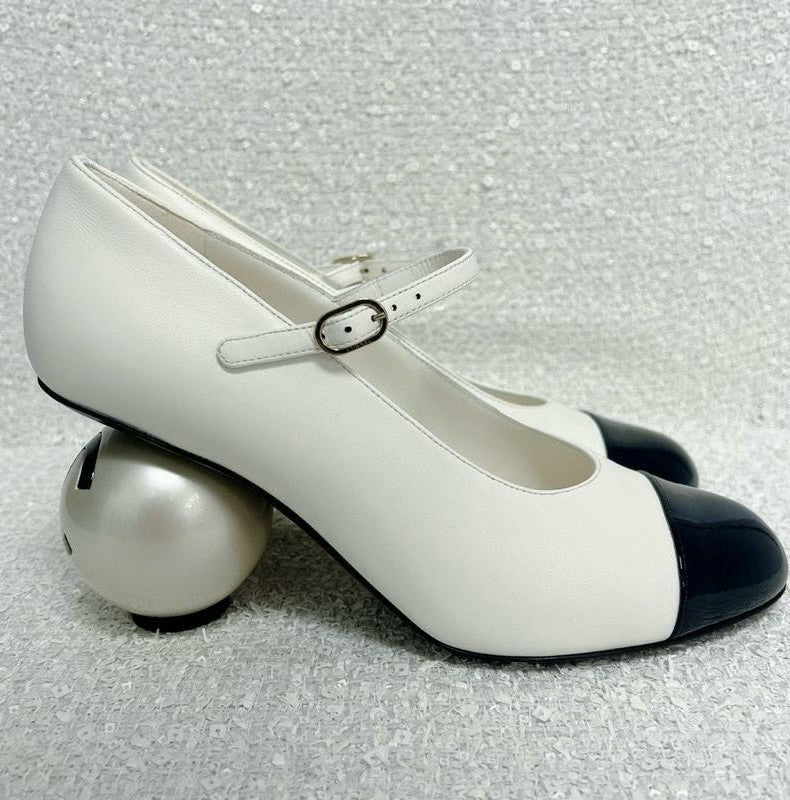 Chanel Women's Spring/fall Classic Two-tone Leather Low-top Round Toe Mary Jane Heels With Pearl Embellished Heels High Heels Shoes #79356