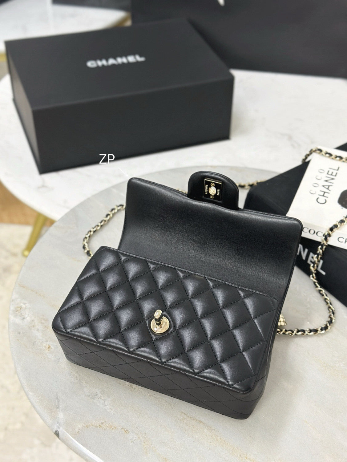 Chanel Mini Classic Handbag With Top Handle Lambskin Diamanté & Gold Metal Black #381896
